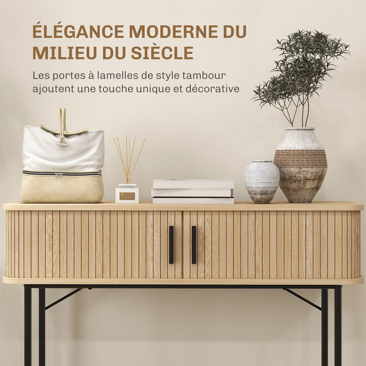 Console meuble, table console avec portes coulissantes à lattes et pieds en acier, pour salon, chêne – product image 10 | SeeMyMails Marketplace