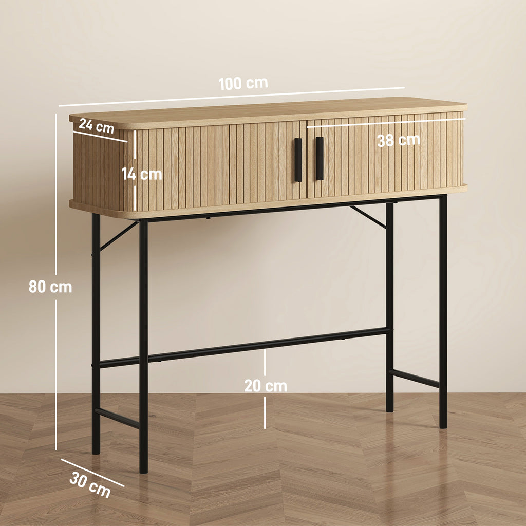 Console meuble, table console avec portes coulissantes à lattes et pieds en acier, pour salon, chêne – product image 9 | SeeMyMails Marketplace