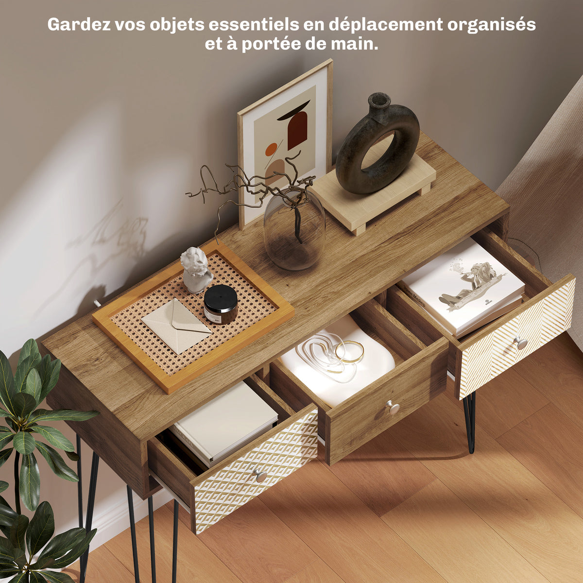 Table console avec 3 tiroirs, table d'entrée étroite avec pieds en épingle à cheveux en acier, 90 x  – product view 2 | SeeMyMails Marketplace