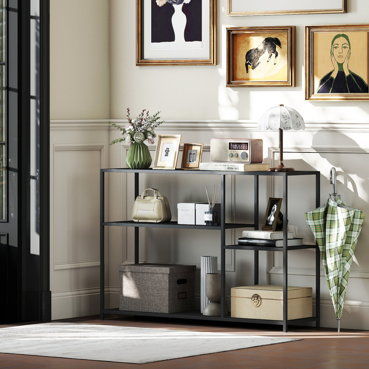 Console meuble étroite à 4 niveaux style industriel cadre en acier, 110 x 30 x 75 cm, noir – product image 4 | SeeMyMails Marketplace